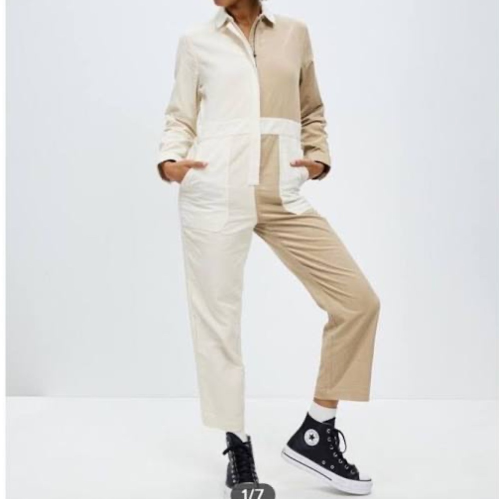 Brixton Mersey Corduroy Colorblock Coverall Jumpsuit Size S Tan Zip Up Worker